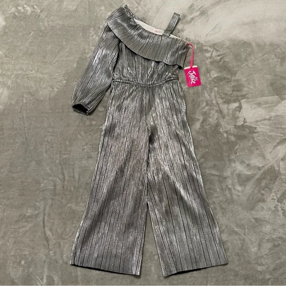 NWT Justice Silver Metallic One Shoulder Ruffle Jumpsuit Girls Size XS 5/6 Fancy